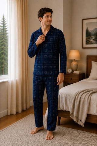 Free Beka Ekose Desenli Uzun Kollu Gömlek Yaka Düğmeli Erkek Pijama Takımı Lacivert