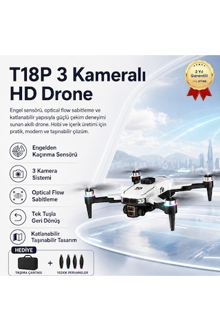 T18p 3 Kameralı 4k Hd Drone, Engel Sensörlü Katlanabilir Akıllı Drone, Optical Flow-1613