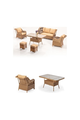 Dora Garden Home Ecem 7 Kişilik 3+1+1 2 Adet Puff Hediyeli Rattan Bahçe Takımı Kahverengi Siyah Çizgili