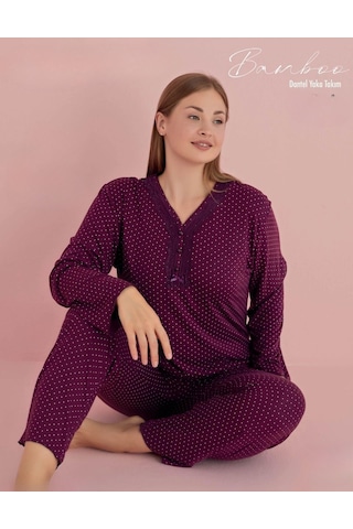 Pijamerry Kadın Büyük Beden Dantel Yaka Bambu Uzun Kol Pijama Takımı 5067 - 1 Adet 001