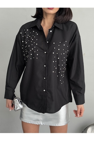 Kadın Taşlı Premium Kalite Uzun Kollu Oversize Gömlek Siyah