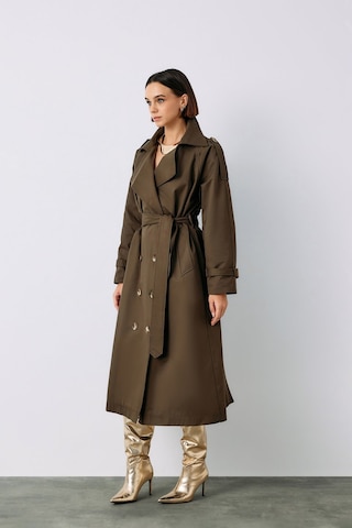 Sateen Kuşaklı Uzun Trenç - Haki-135232 Haki