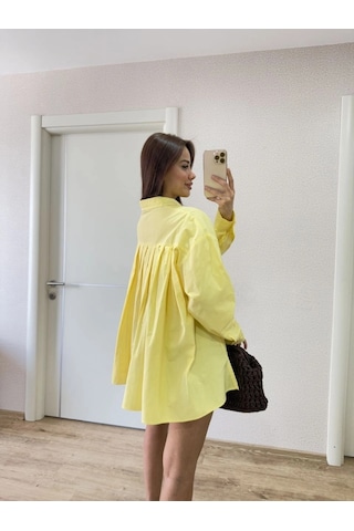 Alfanora Kadın Oversize Pens Detaylı Cepli Yırtmaçlı Rahat Kalıp Poplin Gömlek - Sarı