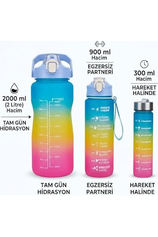3'lü Motivasyonel Matara Seti, İç İçe Geçebilir Tasarım, 2000ml, 900ml Ve 300ml, Gradyan Renk Seçenekleri, Sticker Ve Pipet Hediyeli Gece Yarısı 0