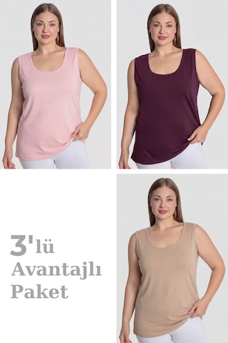 Arma Yıldız Kadın Pamuklu Büyük Beden Kalın Askılı Atlet 3'lü Paket Pembe Mürdüm Bej