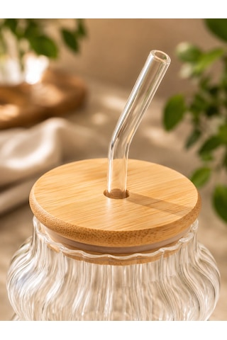 Bambu Kapaklı Pipetli Cam Bardak 580 Ml Şeffaf