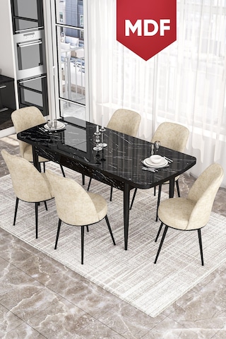Canisa Concept Kor Serisi 70x114 Açılabilir Mutfak Masası Takımı Siyah Mermer Desen Masa 6 Krem Sandalye Masa Siyah Mermer Desen Sandalyeler Krem