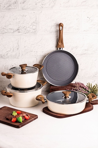 Mango Kitchen Aqua Crystal - 7 Parça Granit Tencere Seti Krem Mastercook Yapışmaz Tencere Tava Seti Inox