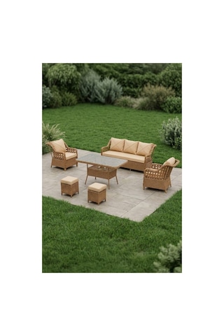 Dora Garden Home Ecem 7 Kişilik 3+1+1 2 Adet Puff Hediyeli Rattan Bahçe Takımı Kahverengi Siyah Çizgili