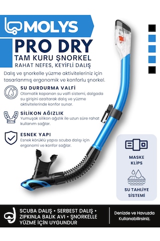 Molys Angel Dalış Maskesi + Antı Fog Buğu Önleyici Film + Pro Full Dry Tam Kuru Şnorkel + Maske Koruma Kutusu Set Halinde Siyah - Mavi