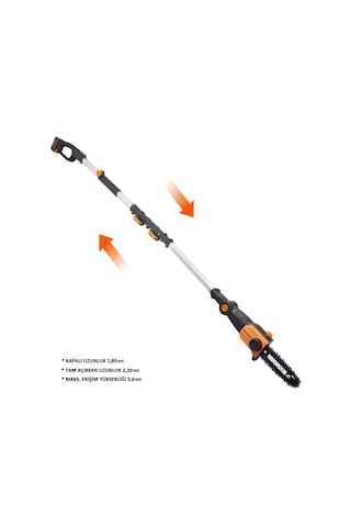 WORX WG349E 20Volt 2.0Ah Li-ion Tek Akülü 20CM Profesyonel Teleskobik Saplı Açı Ayarlı Zincirli Dal Budama
