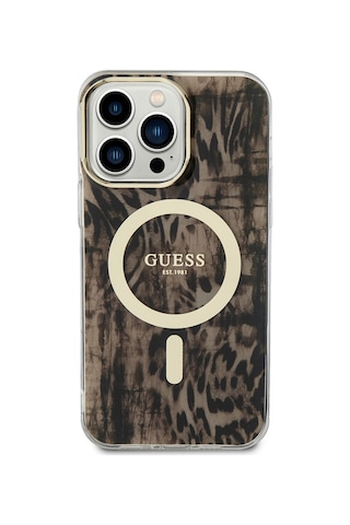 Apple Uyumlu iPhone 14 Pro Kılıf Guess Magsafe Şarj Özellikli Leopar Desenli Kapak