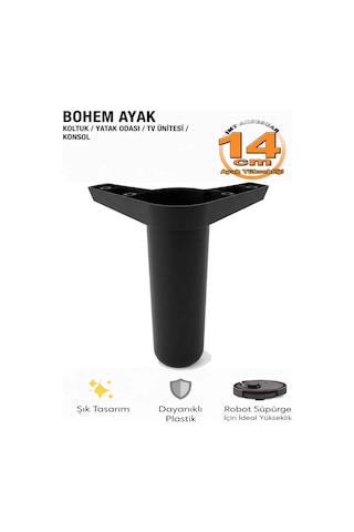 İmt Aksesua Bohem 14 Cm Siyah Mobilya Ayağı Robot Süpürgeye Uyumlu Koltuk Dolap Tv Ünitesi Konsol Ayağı Siyah
