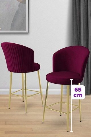 Canisa Alte Serisi 4 Adet Babyface Kumaş 65 Cm Gold Kaplama Ayaklı Mürdüm Bar Sandalyesi Mürdüm Sandalye Gold Kaplama Ayak