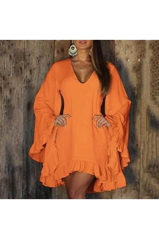 Novahub Kadın V Yaka Alevlendi Uzun Kollu Mini Elbise Koyu Pembe Düzenli Fırfır Etek Rahat Tatil Elbisesi Koyu Pembe