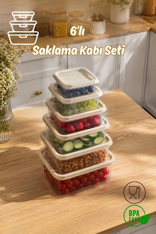 Porsima Sa-645 6 Adet 12 Parça Derin Dondurucu Mikrodalga Saklama Kabı - Çok Amaçlı Erzak Saklama Kabı Seti Bej