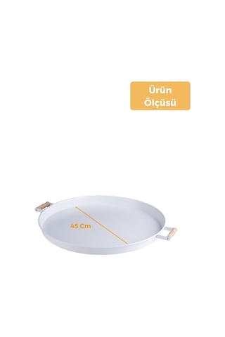 Metal 45 Cm Beyaz Ahşap Kulplu Yuvarlak Tepsi, Kahvaltı Tepsisi, Sunum Tepsisi Beyaz