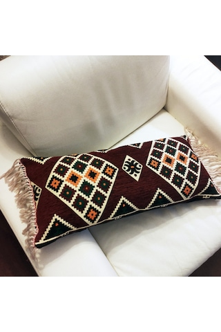 3 Lü Bordo Kilim Desenli Püsküllü İç Dolgulu Dekoratif Kırlent Seti Etnik Bohem Salon Koltuk Yastığı Bordo