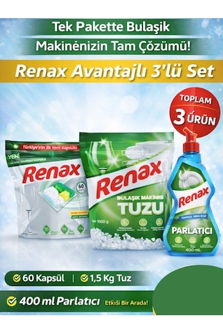 Renax Avantajlı 3 Lü Set Bulaşık Makinesi Kapsülü 60 Lı + Tuz 1,5 Kg + Parlatıcı 400 Ml