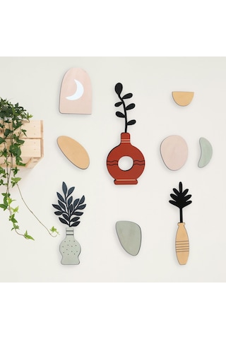 Cajuart 9 Parça Dekoratif Ahşap Sanasal Vazo Çiçek Pastel Renk Duvar Tablo Seti Ahşap Dekor