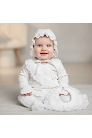 Milays Kız Bebek %100 Pamuk 0-3 Ay Premium Kalite Setler Beyaz - Ekru