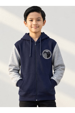 Ela 3 İp Şardonlu Kapşonlu Kışlık Kolej Sweatshirt Lacivert - Gri