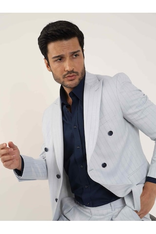 Dufy Mavi Erkek Slim Fit Çizgili Kruvaze Yaka Takım Elbise - 104425-mavi Mavi
