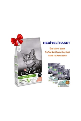 Purina Pro Plan Sterilised Somonlu Kedi Maması 1500 G + Pro Plan Nutri Savour Balıklı Yaş Mama 3 x 85 G + Ölçü Kabı