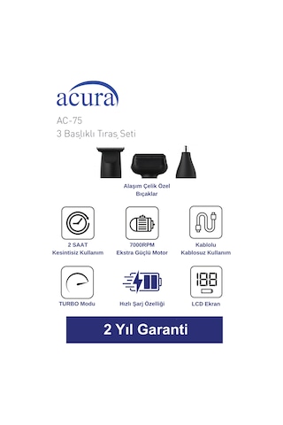 Acura Ac-75 3 Başlıklı Metal Gövdeli Tıraş Seti