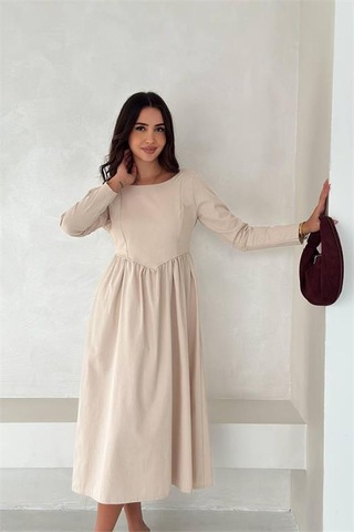 Neşeli Butik Kadın Sırt Dekolteli Uzun Kollu Midi Elbise Nbk4311 Bej