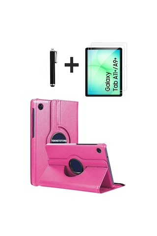 Samsung Galaxy Uyumlu Tab A11 Plus 2025 Kılıf Ekran Koruyucu Kalem Seti 360 Dönebilen Kapak Ön Arka Koruma Pembe
