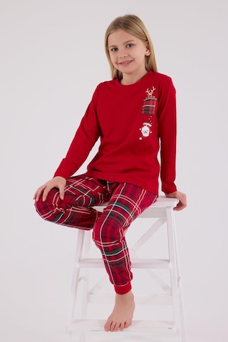 Arnetta Garson Kız Çocuk Aile %100 Pamuklu 4 Mesim New Year Uzun Kollu Pijama Takım Kırmızı