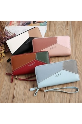 Trendooze Çift Fermuarlı Bayan Uzun Çanta - Ekleme Bozuk Para Çantası - Siyah Siyah