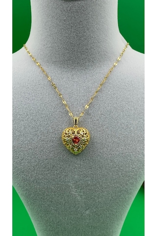 Gold Renk Yakut Kırmızısı Zirkon Taşlı Kalpli Kadın Çelik Kolye Altın