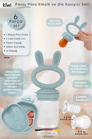 Kiwi Passy Püre Emzik Ve Diş Kaşıyıcı Bebek Meyve Süzgeci+Buz Kalıbı - Dusty Blue