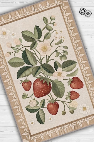 Homshtag Art Deco Çilek Desenli Halı Bitki Temalı Krem Renk Modern Çilek Desenli Dijital Baskı Halı Çok Renkli