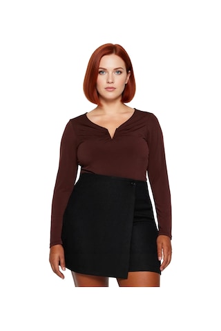 Ersefa Kadın V Yaka Uzun Kollu Polyester Bluz İlkbahar Sonbahar Modası S Kahverengi
