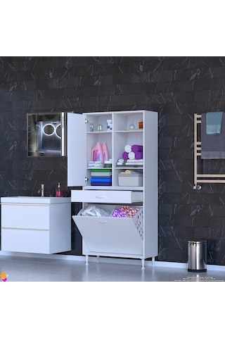 Modilayn Afra 75x173x32,5cm 1 Çekmece, 2 Göz Sepet, 1 Kapak, 6 Raf Dar Alan Banyo Dolabı Beyaz