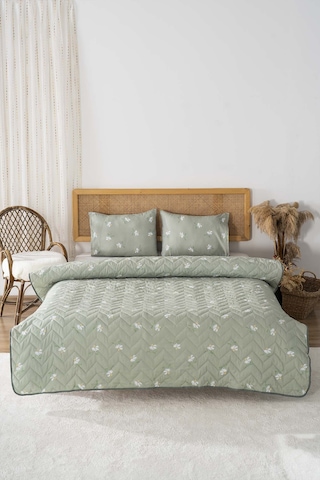 Yeşil Papatya Çift Kişilik Pamuklu Kapitone Pike & Yatak Örtüsü Yeşil