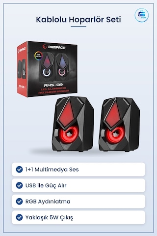 Kablolu Hoparlör Usb 2.0 1+1 Rgb Multimedya Ses Seti Siyah 5w Bil