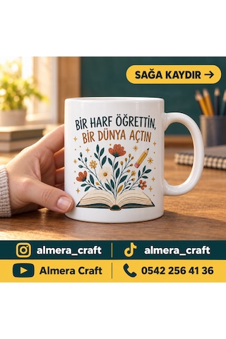 Kişiye Özel İsimli Öğretmen Kupası Öğretmene Hediye Baskılı Porselen Kupa Bardak 300 Ml Almera Craft Beyaz - Beyaz