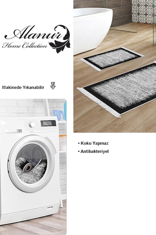 Dekoreko Kaymaz Taban Djt 2 Li Banyo Paspas Takımı Star Pamuk Saçaklı Modern 1342 Siyah