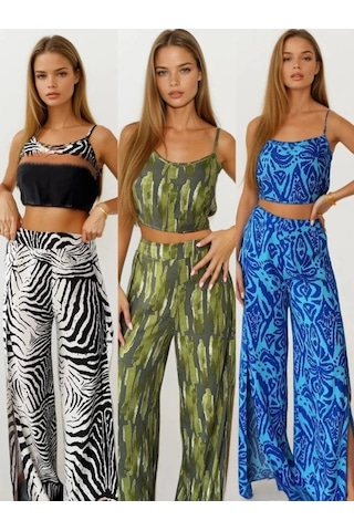 Defymoda Kadın Dokuma Viskon Yırtmaç Detaylı Takım Zebra