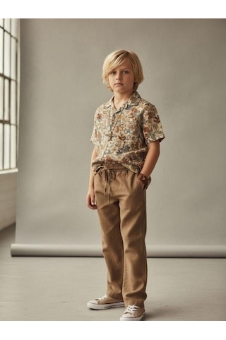 Zekids Erkek Çocuk Beli Lastikli Bağcıklı Pantolon-16956 Kahverengi