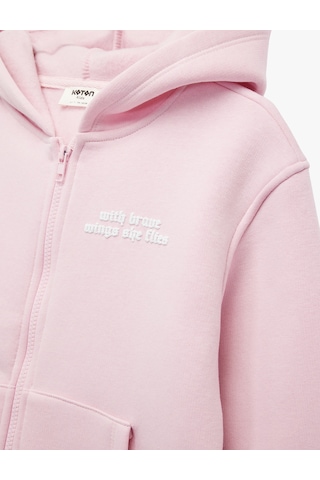 Koton Baskılı Uzun Kollu Fermuarlı Şardonlu Kapşonlu Sweatshirt Pembe 6wkg10468ak Gül
