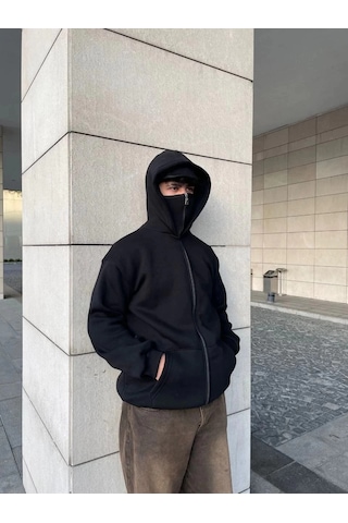 Novalisse Samuray Ninja Çift Kapşonlu Zıp Fermuarlı Kanguru Çepli Tam Fermuarlı Hoodie Swetshirt - Siyah Çoklu Renk