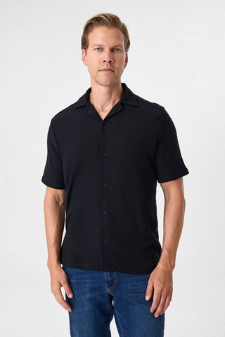 Backandbond Küba Yaka Relaxed Fit Küba Yaka Örme Gömlek Siyah