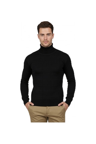 Deepsea Erkek Siyah Kare Desenli Balıkçı Yaka Slim Fit Boğazlı Triko Kazak 2505493 Siyah
