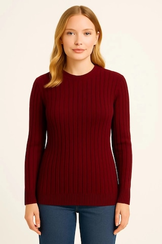 Bisiklet Yuvarlak Yaka Triko Kazak Pamuklu Kalın Fitilli Dokuma, Regular Fit Uzun Kollu Kışlık Model - Bordo Bordo