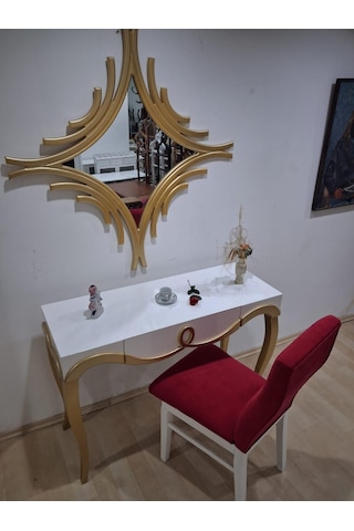 Dresuar Cnc Kabartma 90661 Model Aynalı Ahşap Sandalye Ayak Parlak Beyaz Gold Renk Beyaz - Gold